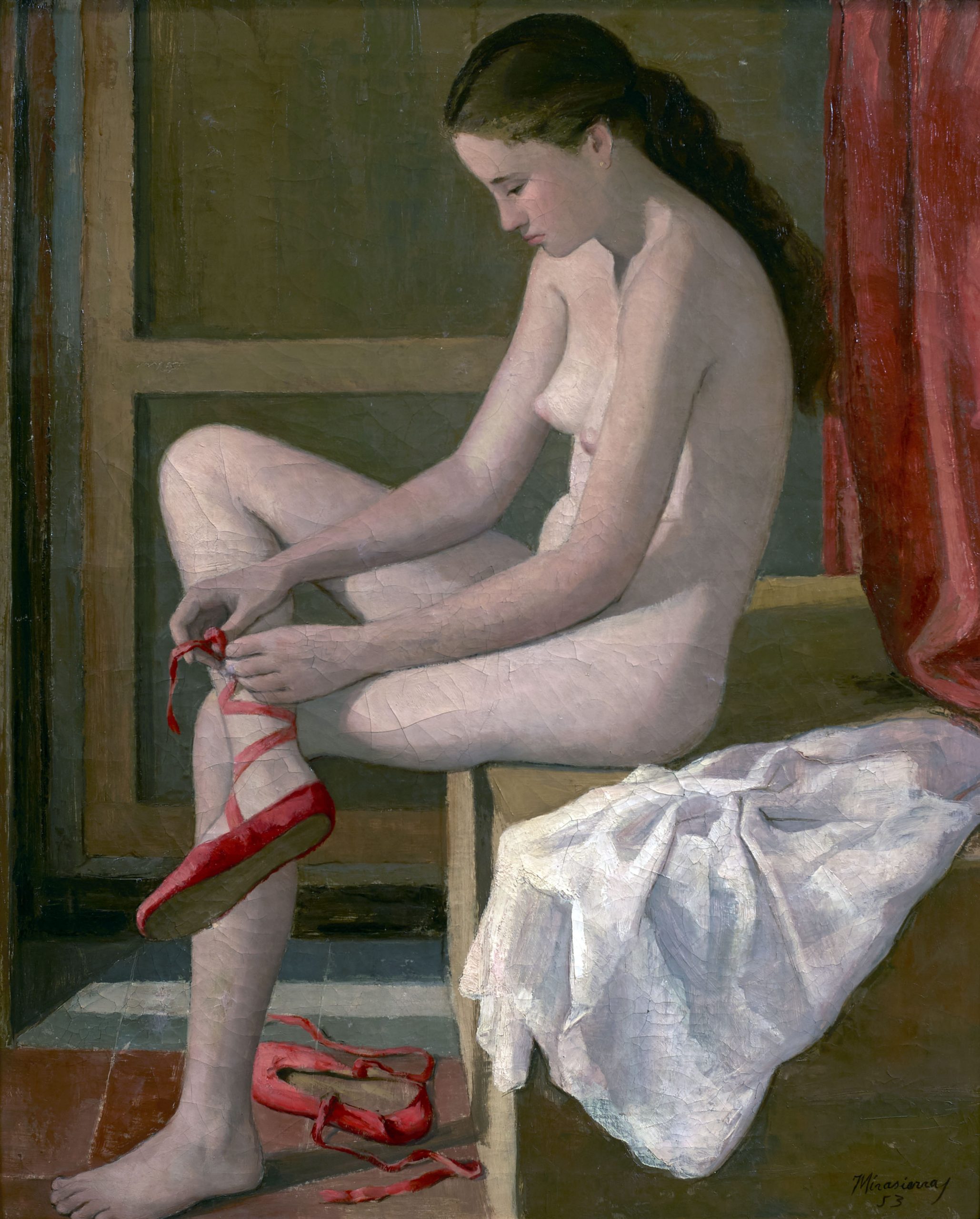 Juan Mirasierras Cicujano (Madrid 1921 - Madrid 2010) Desnudo de las zapatillas rojas (Primer premio de 1954, sección óleos) Óleo sobre lienzo, 100x85 cm.